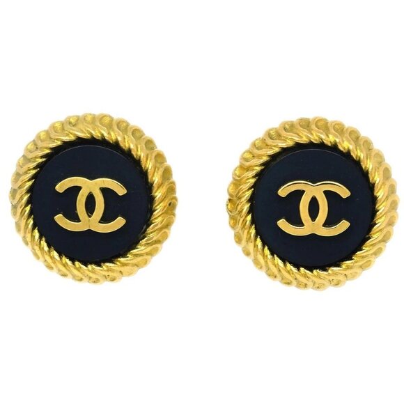 Chanel Gold Black Button Earrings Clip-On 95P - Picture 1 of 4